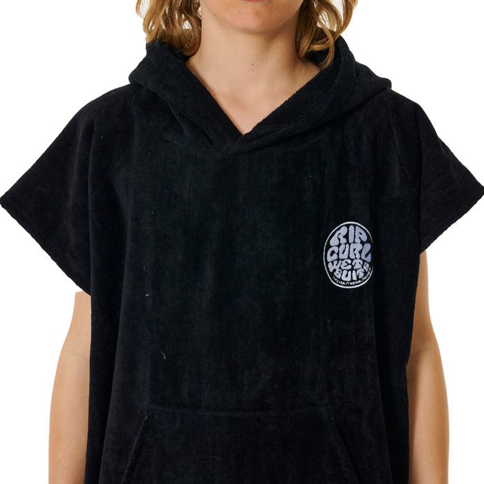 2024 Rip Curl Junior Logo Toalla con Capucha Albornoz / Poncho 009BTO - Negro